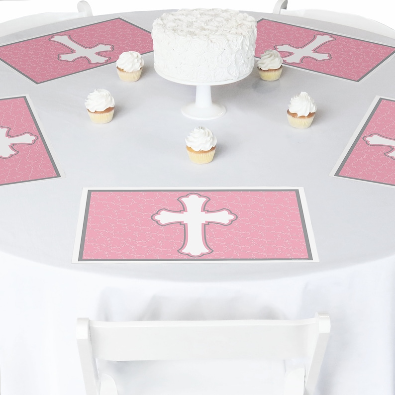 Little Miracle Girl Pink and Gray Cross Party Supplies -Set of 12 Baby Shower or Baptism Placemat Party Table Decorations