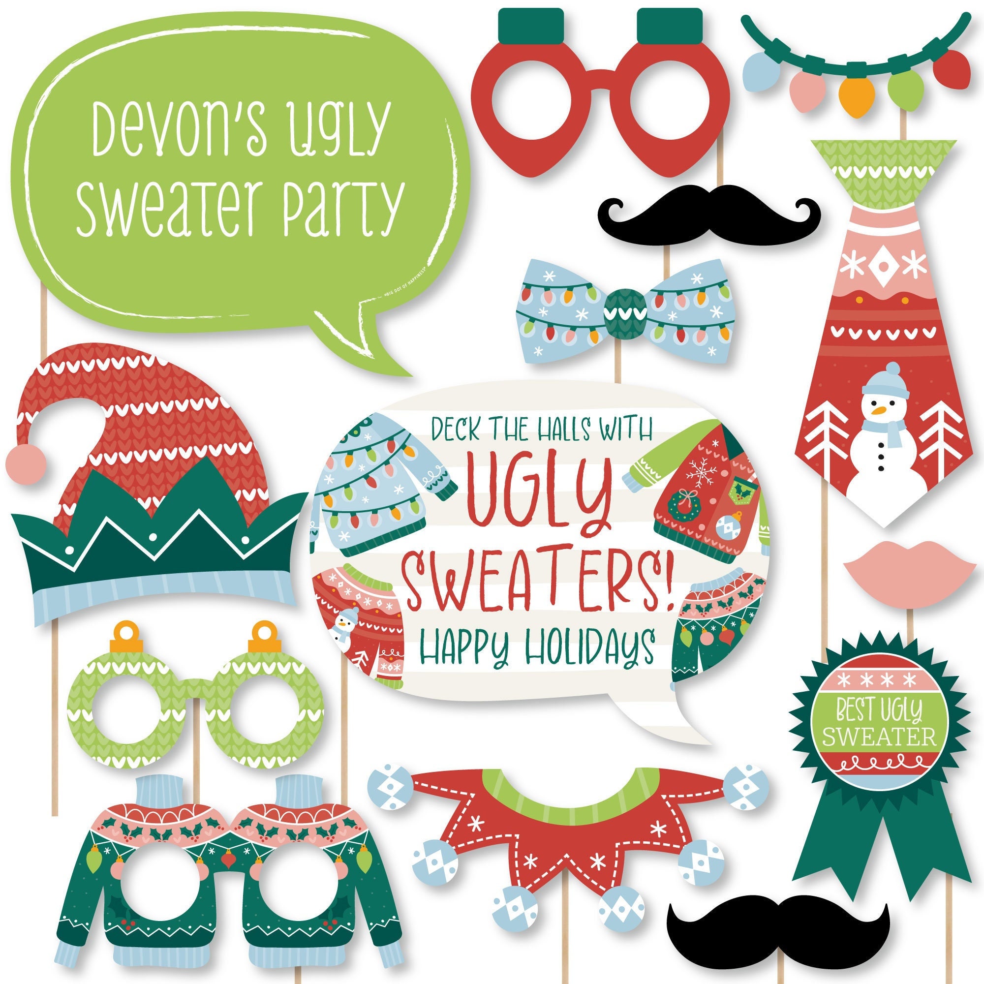 Colorful Christmas Sweaters Personalized Ugly Sweater Holiday Party Photo Booth Props Kit 20 Count