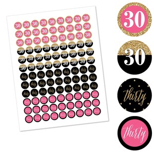 Chic 30th Birthday Pink, Black and Gold Round Candy Sticker Favors Labels Fit Chocolate Candy 1 sheet of 108 image 2