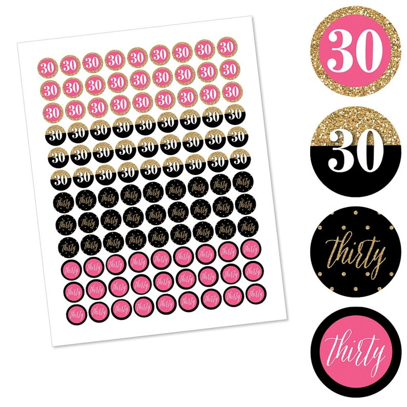 Chic 30th Birthday Pink, Black and Gold Round Candy Sticker Favors Labels Fit Chocolate Candy 1 sheet of 108 image 2