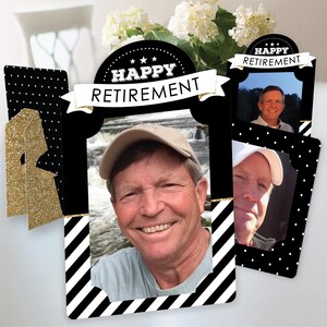 May include: Black and white photo booth props with gold glitter accents. The props feature a black and white striped background with the text "Happy Retirement" in a gold banner.