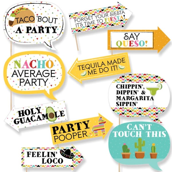 Funny Let's Fiesta Mexican Party Photo Booth Props - Cinco de Mayo Party Photo Booth Prop Kit - Mexican Fiesta Selfie Photo Props - 10 pc.