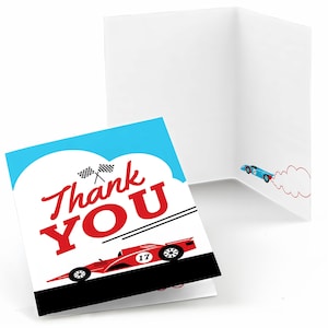 May include: Thank You card with a red race car on a black track with a blue sky and white clouds. The card says "Thank You" in red and black letters.