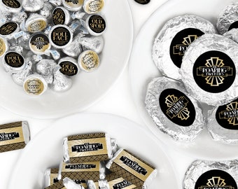 Roaring 20's - Mini Candy Bar Wrappers, Round Candy Stickers - 1920s Art Deco Jazz Candy Sticker Kit - 304 Pieces