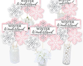 Pink Winter Wonderland - Centerpiece Sticks - Holiday Snowflake Party & Winter Wedding Table Toppers - Winter Themed Party Supplies - 15 Ct.