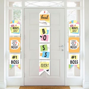 Decoración de puerta para interiores "El mejor jefe del mundo", pancartas verticales de papel para colgar en la puerta para fiestas de trabajo, kit de decoración de pared "Feliz día del jefe".