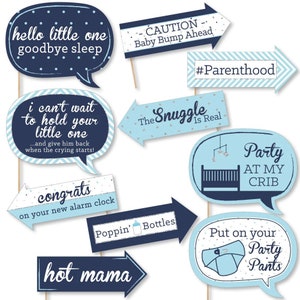Funny Hello Little One - Blue and Silver - Photo Booth Props - Baby Shower Photo Booth Prop Kit - 10 Photo Props