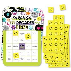 Through the Decades - Bingo Cards and Markers - 50s, 60s, 70s, 80s, and 90s Party Bingo Game - Set of 18