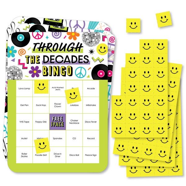 Through the Decades - Bingo Cards and Markers - 50s, 60s, 70s, 80s, and 90s Party Bingo Game - Set of 18