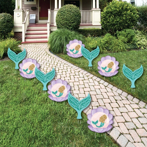 Let's Be Mermaids - Lawn Decorations - Mermaid & Seashell Outdoor Yard Party Decorations - Baby Shower or Birthday Lawn Ornaments - 10 Ct.