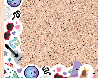 May include: A white border with a scalloped edge features various colorful stickers, including a clock, sunglasses, a guitar, a butterfly, and the number "13".