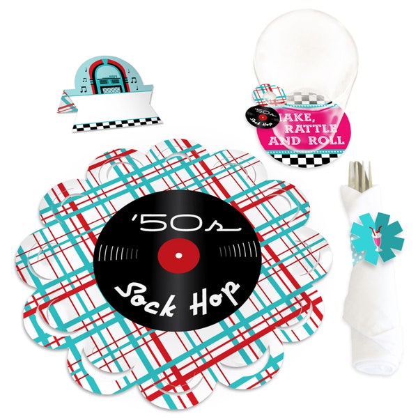 50’s Sock Hop - 1950s Rock N Roll Party Paper Charger and Table Decorations - Chargerific Kit - Place Setting for 8