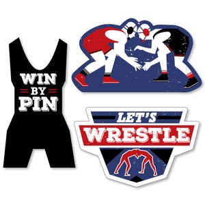 May include: Three wrestling themed party decorations. One features two wrestlers in red and black singlets, another says "Let's Wrestle" in red and black, and the last is a black wrestling singlet with the text "Win By Pin" in white.