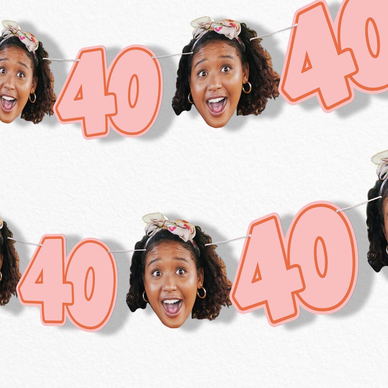 May include: A festive banner featuring the number "40" in a soft pink hue, strung between images of a woman with a joyful expression. The woman is wearing a floral headband and hoop earrings. The background is plain white.