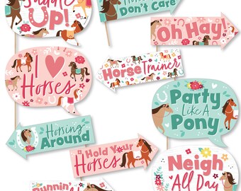 May include: A collection of horse-themed photo booth props in various shapes, including speech bubbles and arrows. The props feature phrases like "Saddle Up!" and "I Love Horses," along with horse illustrations and floral accents.