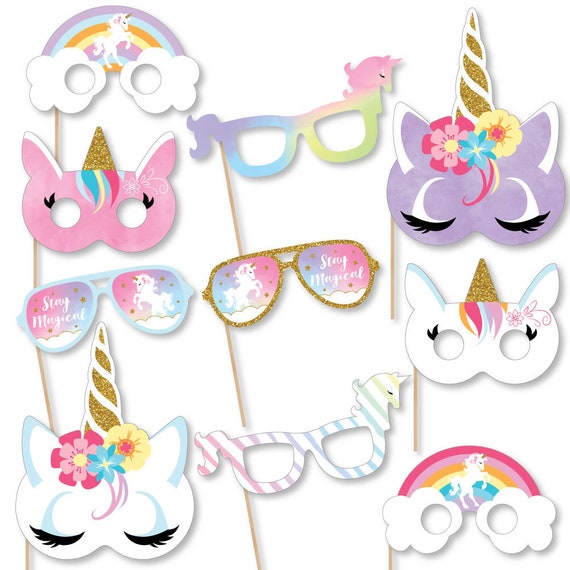 Rainbow Unicorn - Baby Shower or Birthday Props - Magical Unicorn Photo Booth Accessories - Fun Selfie Card Stock Paper Unicorn Props -10 Pc Il_570xn