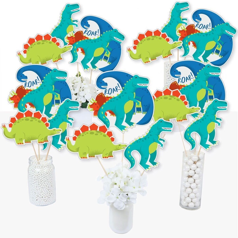 Roar Dinosaur Centerpiece Sticks Dino Mite Trex Baby Shower Table Toppers T-Rex Birthday Party Supplies 15 Ct. image 1