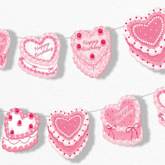 Pink Heart Cake Garland Banner, Coquette Birthday Party Decor for Girls & Women, 30 Ft of Cord, 15 Double-Sided Vintage Birthday Cake Shapes