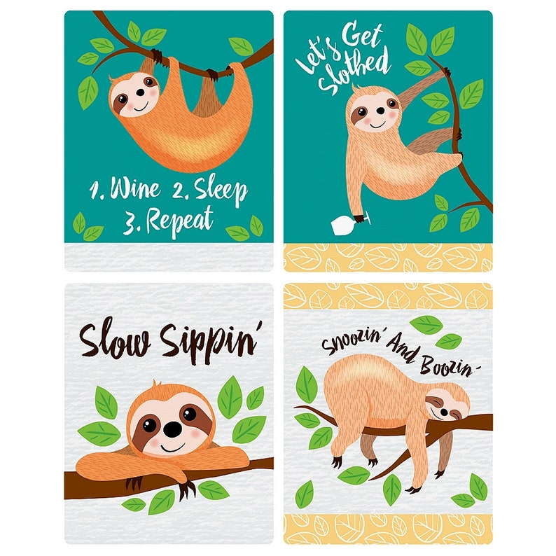 Let's Hang Sloth Wine Bottle Labels Sloth Wine Labels Sloth Party Gifts for Men and Women Set of 4 Sticker Labels image 2