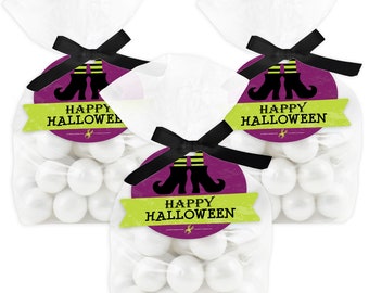 Happy Halloween - Witch Party Clear Goodie Favor Bags - Treat Bags With Tags - Set of 12