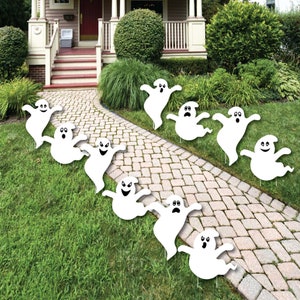 May include: A set of ten white ghost yard decorations with different facial expressions. The ghosts are made of cardboard and have a stake on the bottom for easy placement in the ground.