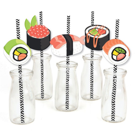 Let's Roll - Sushi - Die-Cut Straw Decorations - Japanese Party Paper Cut-Outs & Striped Paper Straws - Sushi Party - 24 Pcs. Il_570xn