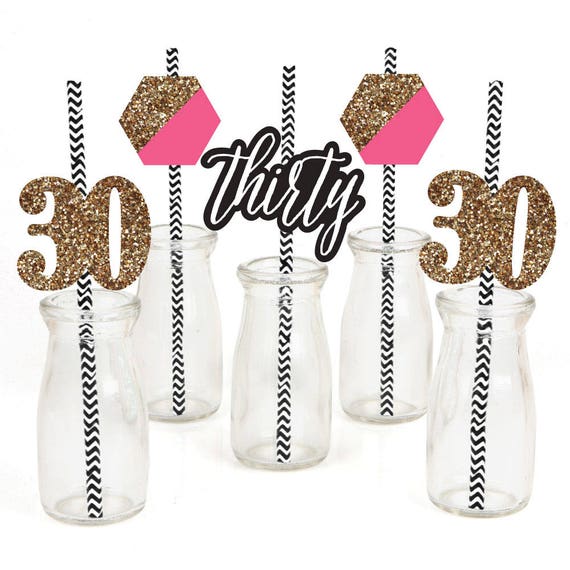 Chic 30th Birthday – Pink, Black, and Gold - Die-Cut Straw Decorations - Birthday Party Paper Cut-Outs & Striped Paper Straws - Set of 24 Il_570xn