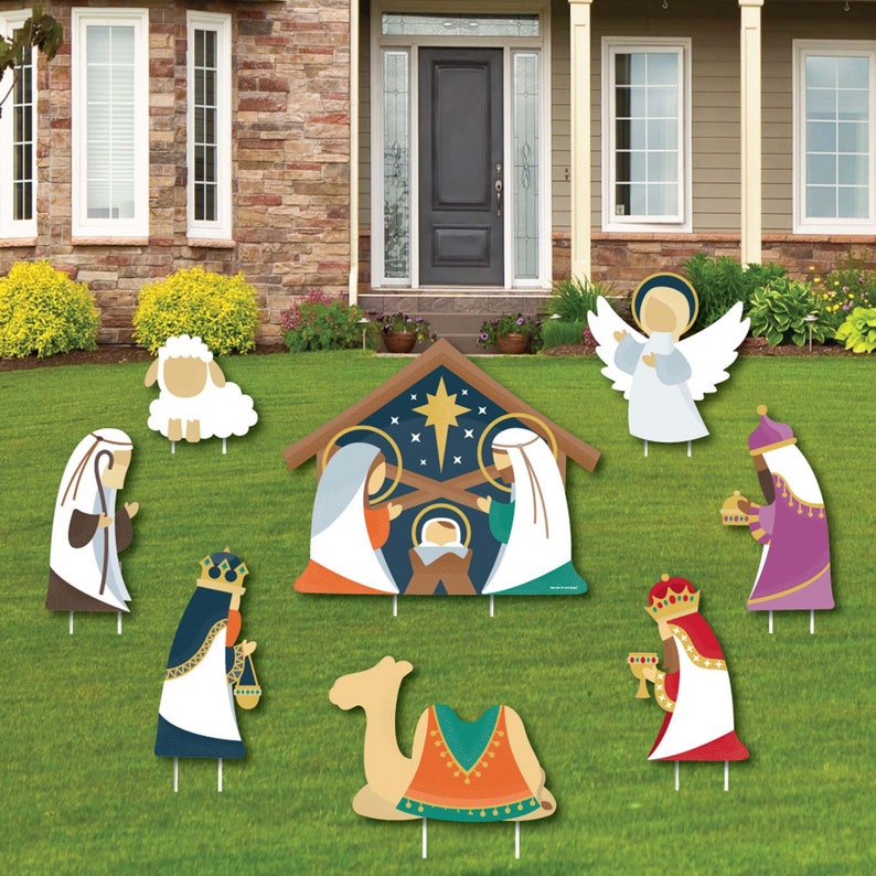 Holy Nativity - Yard Sign and Outdoor Lawn Decorations - Manger Scene Religious Christmas Signs - Set of 8 