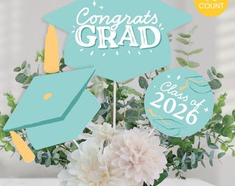 Mint Green 2026 Graduation Party Centerpiece Sticks, Congrats Grad Decor, Class of 2026 Light Green Grad Party Table Toppers - 15 Pieces