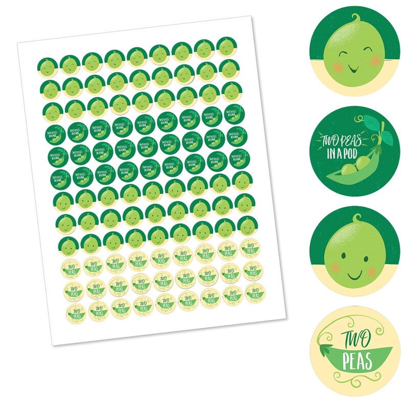 May include: A sheet of 100 round stickers featuring a green pea with a smiling face. The stickers are arranged in rows and columns. There are also three larger stickers with different designs, including a pea pod with two peas inside and the text "Two Peas in a Pod" and a single pea with the text "Two Peas".