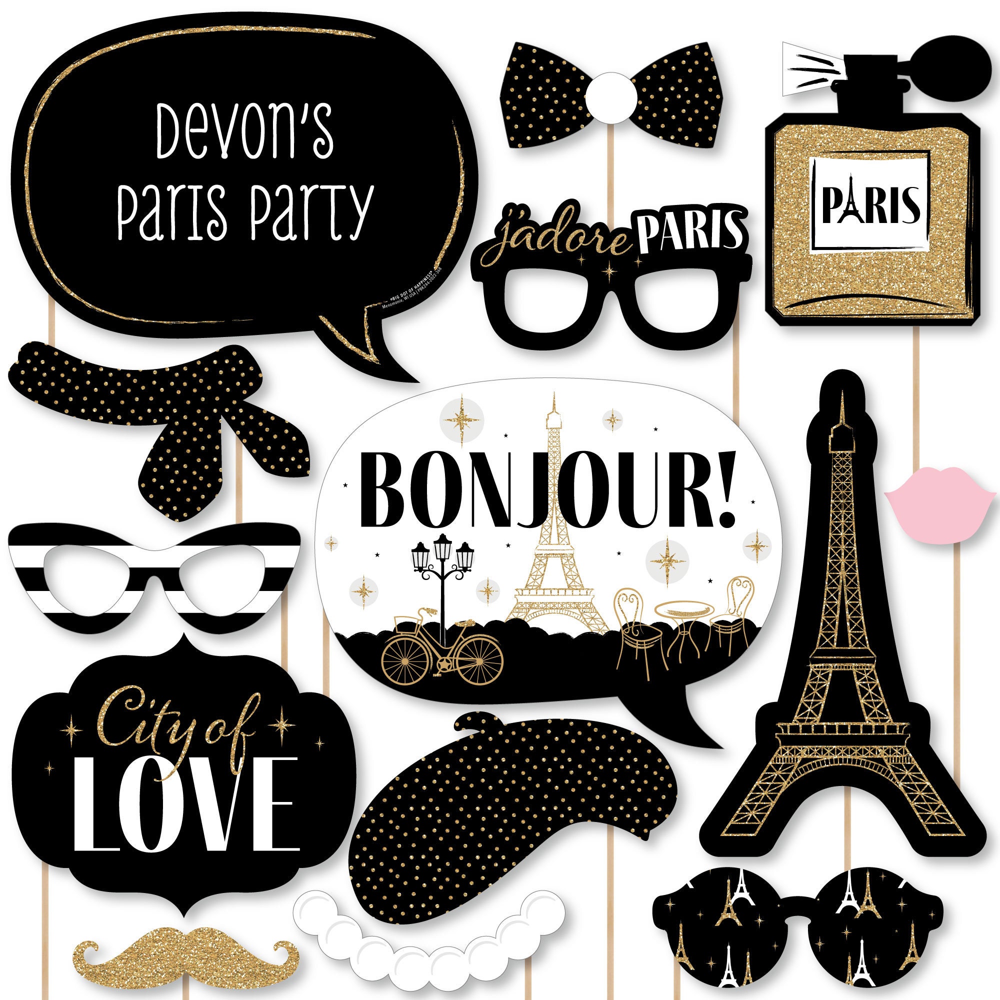 Stars Over Paris Personalized Parisian Themed Party Photo Booth Props Kit 20 Count