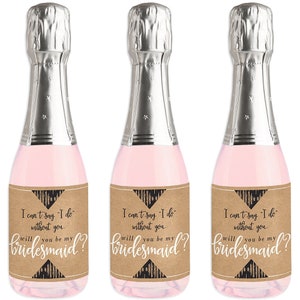 Rustic Kraft - Mini Wine and Champagne Bottle Label Stickers - Will You Be My Bridesmaid Gift for Women and Men  - Set of 16