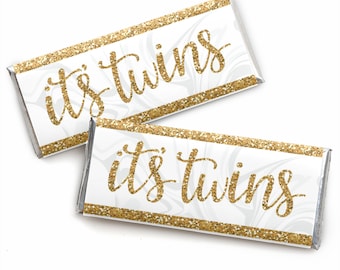 It's Twins - Candy Bar Wrapper Gold Twins Baby Shower Favors - Set of 24