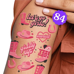 Rodeo Cowgirl Temporary Tattoos for Kids and Adults Giddy Up Birthday Favors Bachelorette Decorations Pink Western Party Supplies, 12 Sheets