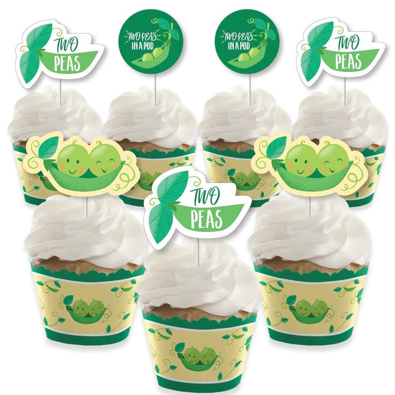 Double the Fun Twins Two Peas in a Pod Cupcake Decoration Baby Shower or First Birthday Cupcake Wrappers and Treat Picks Kit 24 Ct. image 1