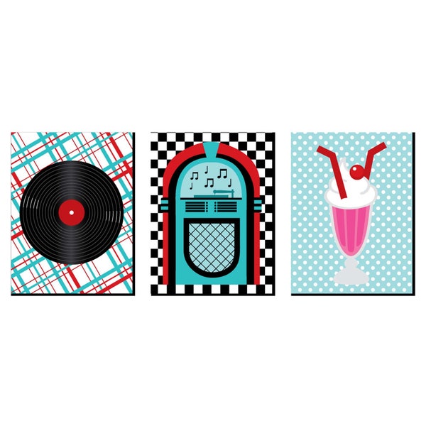50's Sock Hop - 1950s Wall Art, Room Decor and Rock N Roll Themed Room Home Decorations - 7.5 x 10 inches - Set of 3 Prints