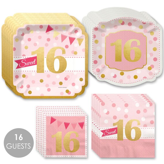 Sweet 16 with Gold Foil - 16th Birthday Party Tableware Plates and Napkins - Sixteenth Birthday Party - 16 Piece Place Setting Il_570xn