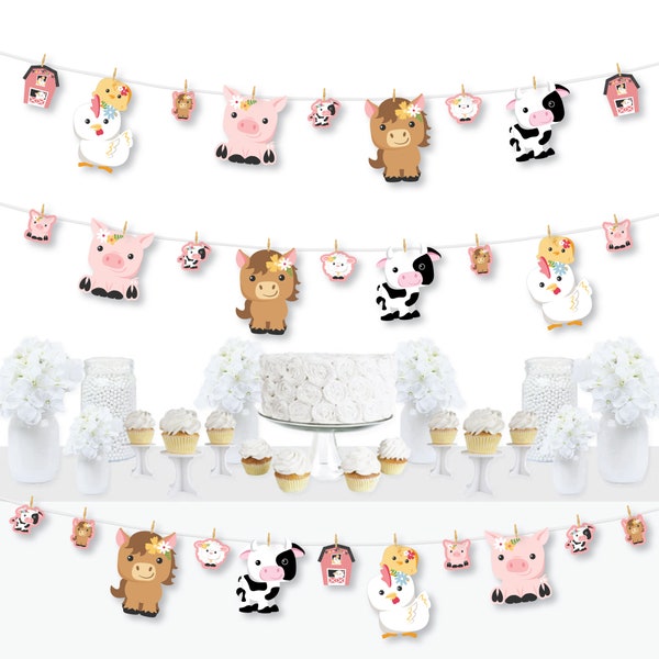 Girl Farm Animals - Pink Barnyard Baby Shower or Birthday Party DIY Decorations - Clothespin Garland Banner - 44 Pieces