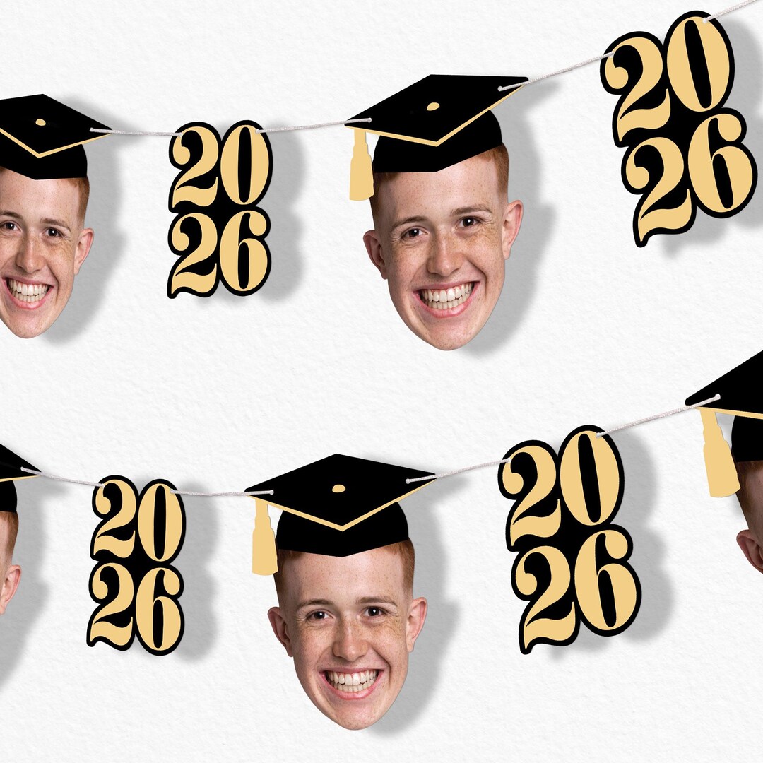 Graduation Inserrt Face Custom Photo Black & Gold Graduation Garland Banner, Personalized Grad ...