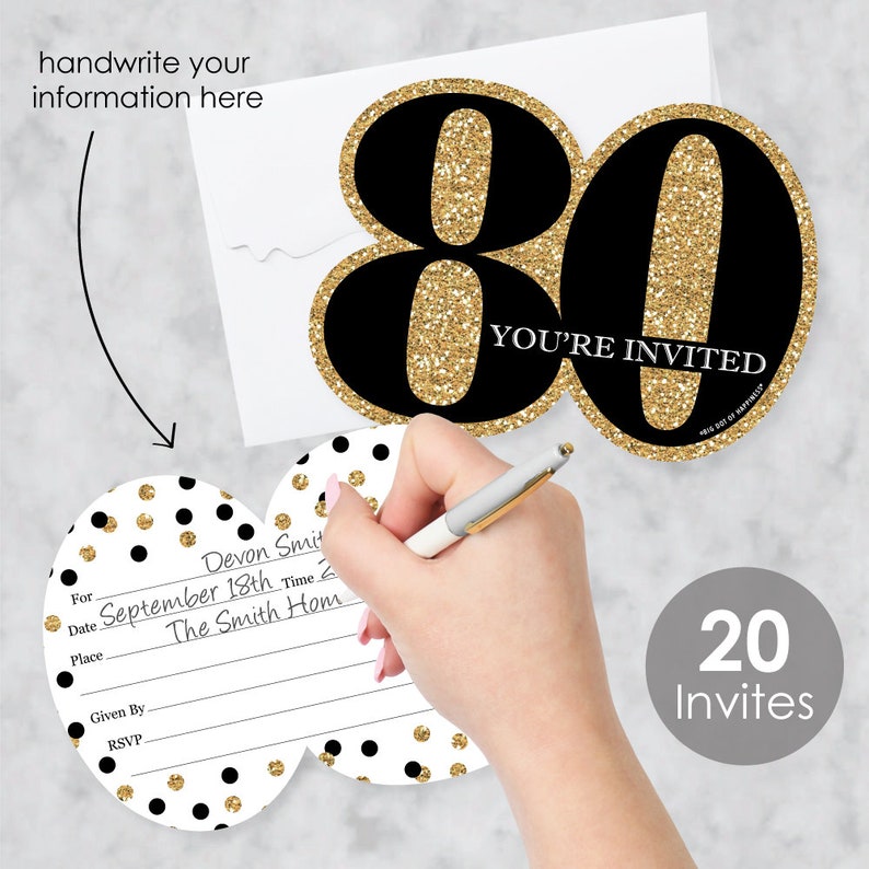 Adult 80th Birthday Gold 20 Shaped Fill-In Invitations and 20 Shaped Thank You Cards Kit Birthday Party Stationery Kit 40 Pack