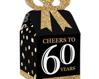 Adult 60th Birthday - Gold - Square Favor Gift Boxes - Birthday Party Bow Boxes - Set of 12