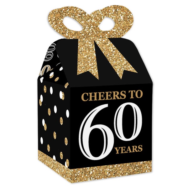 Adult 60th Birthday - Gold - Square Favor Gift Boxes - Birthday Party Bow Boxes - Set of 12