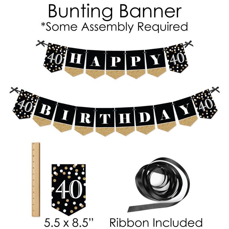 Banner and Photo Booth Decorations Gold Birthday Party Supplies Kit Doterrific Bundle Adult 40th Birthday