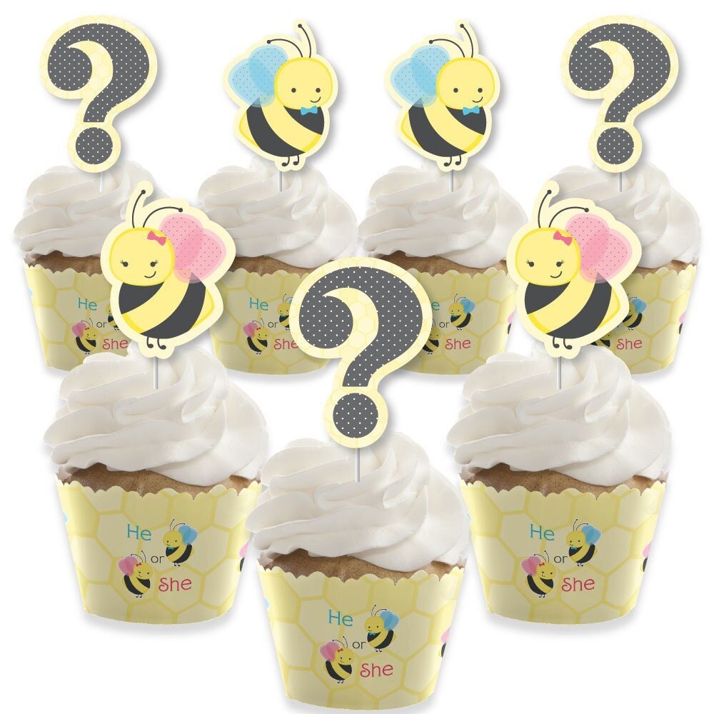 What Will It BEE Cupcake Decoration Gender Reveal Cupcake Wrappers and Treat Picks Kit Set of 24