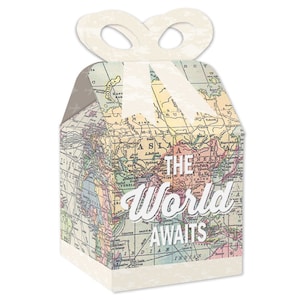 World Awaits - Cajas de regalo cuadradas para regalos - Cajas con moños para fiestas con temática de viajes - Juego de 12