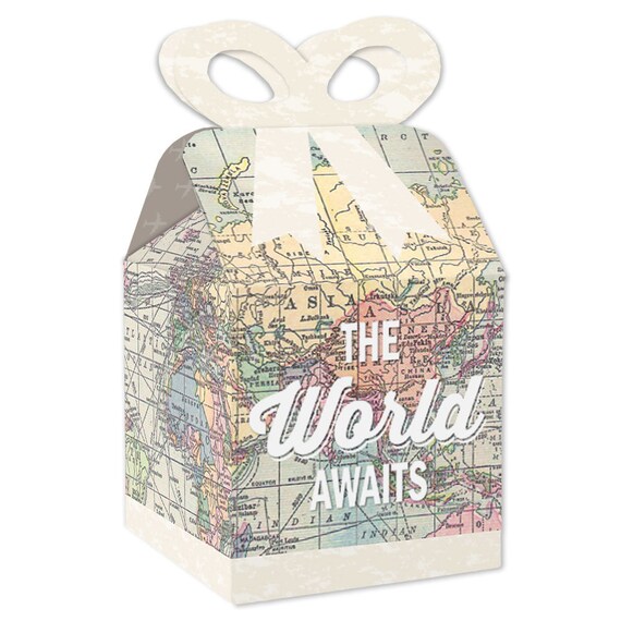 World Awaits Square Favor Gift Boxes Travel Themed Party Bow Boxes Set of 12 by Big Dot of