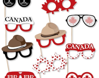 Canada Day - Photo Booth Accessories - Fun Selfie Canadian Party Card Stock Paper Photo Props Glasses - Canadian Maple Leaf Props -10 Pc