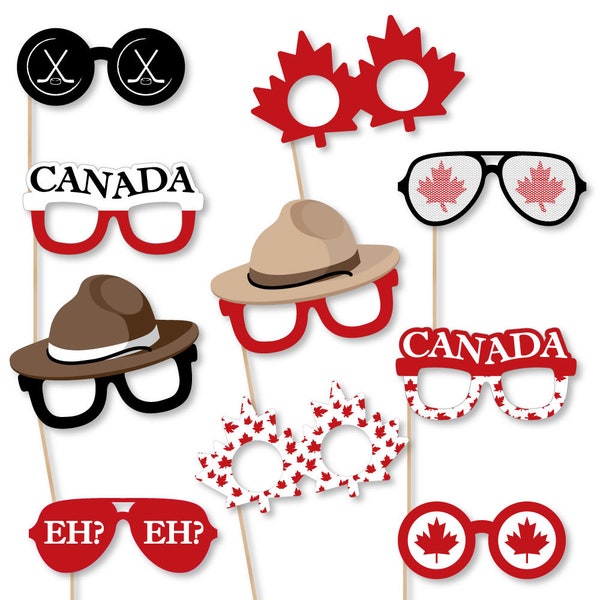 Canada Day - Photo Booth Accessories - Fun Selfie Canadian Party Card Stock Paper Photo Props Glasses - Canadian Maple Leaf Props -10 Pc