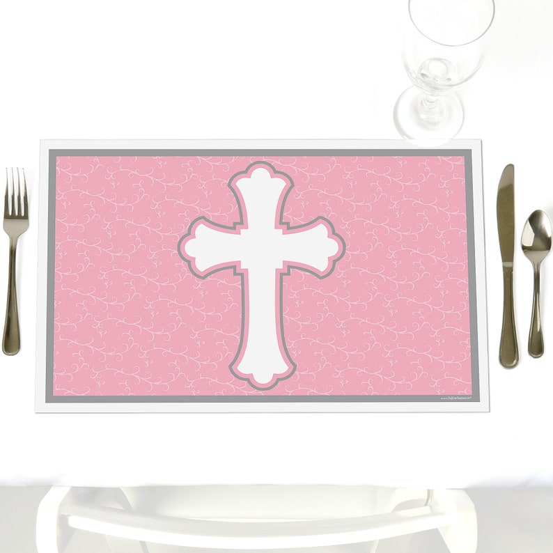 Little Miracle Girl Pink and Gray Cross Party Supplies -Set of 12 Baby Shower or Baptism Placemat Party Table Decorations