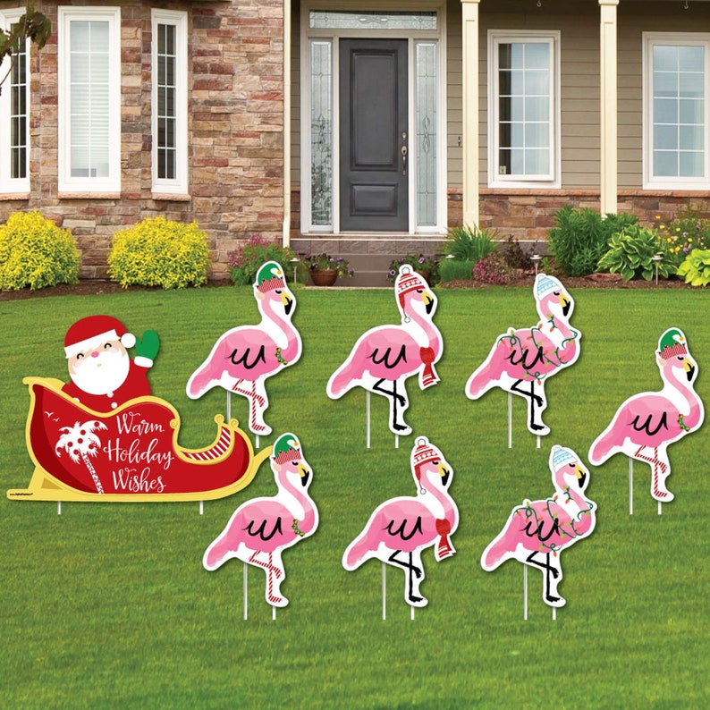 Flamingo Shaped Lawn Decorations - Outdoor Christmas Decorations - Tropical Christmas Lawn Ornaments - Flamingle Bells Yard Art - 8 Pc 